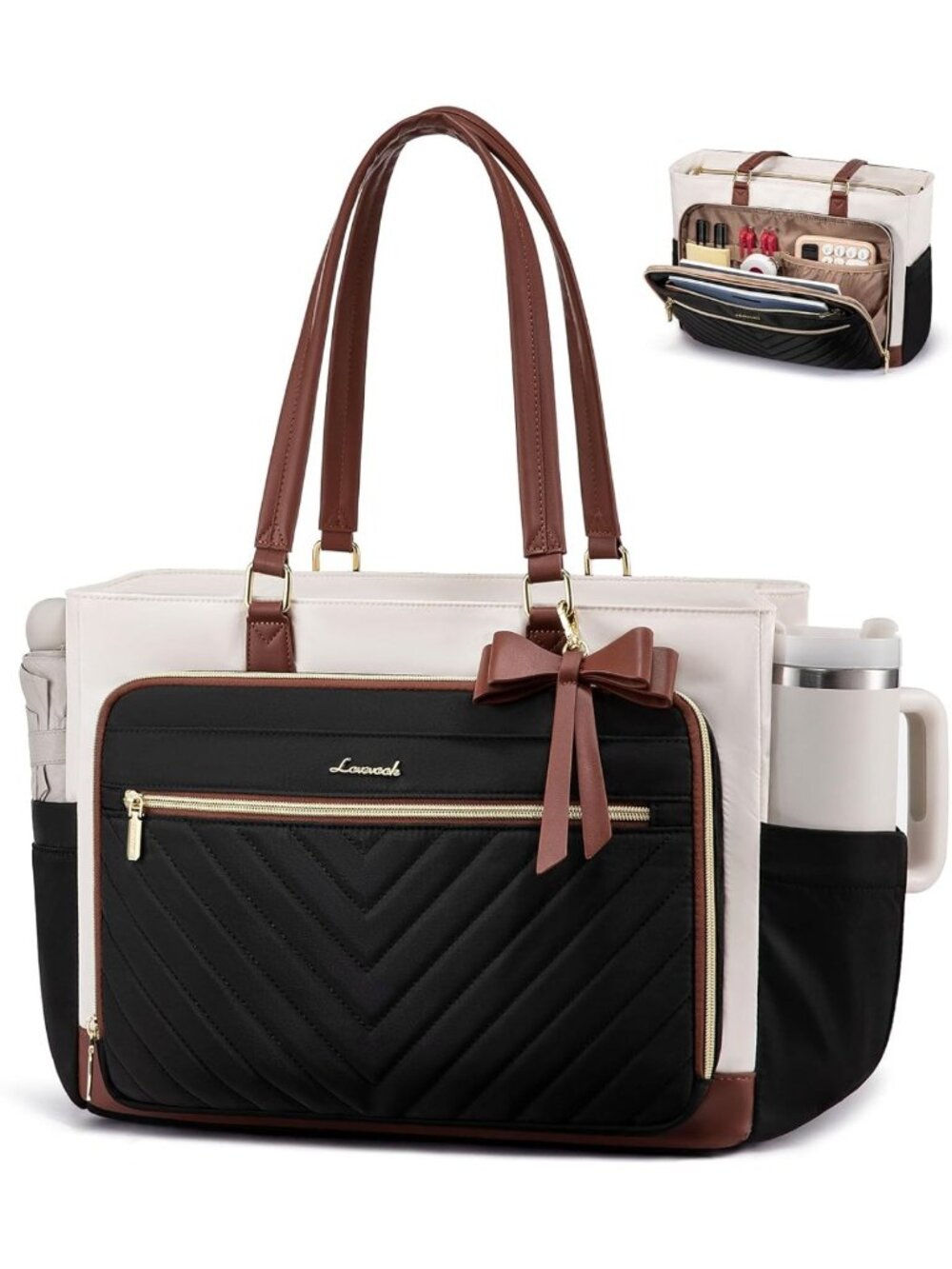Stylish Teacher Tote Bag for Women | Quilted Laptop Bag with Cup Holder